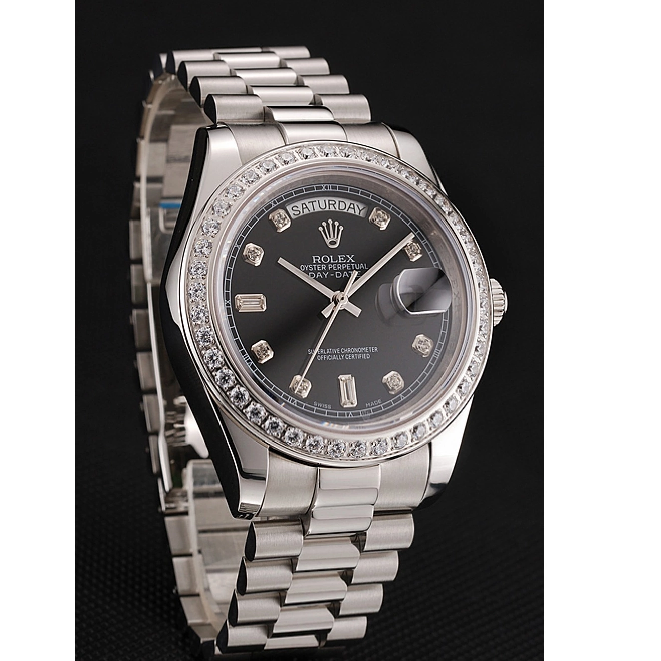 MiroTime 0810 Swiss Rolex Day-Date Black Dial Diamond Case Diamond Numerals Stainless Steel Bracelet 1453966